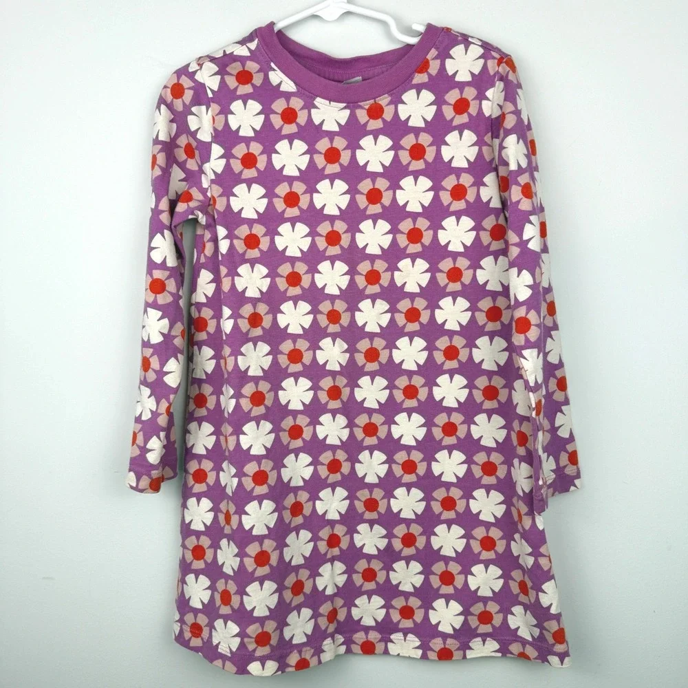 Hanna Andersson Dress Girls 5 Purple Floral Scandi Mod Retro Long Sleeve Cotton